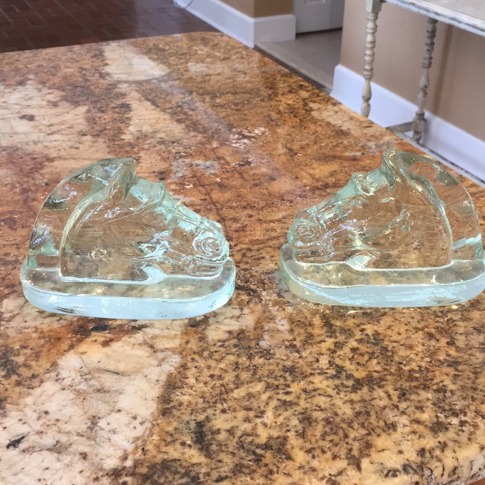 Glass horse head book ends